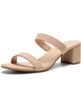 DREAM PAIRS Women's Nude Two Strap Heels Open Toe Slip on Low Block Chunky Heel